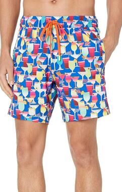 Robert Graham Blue Multi Poolside Drinks Drawstring Swim Trunks 40 Men Beach